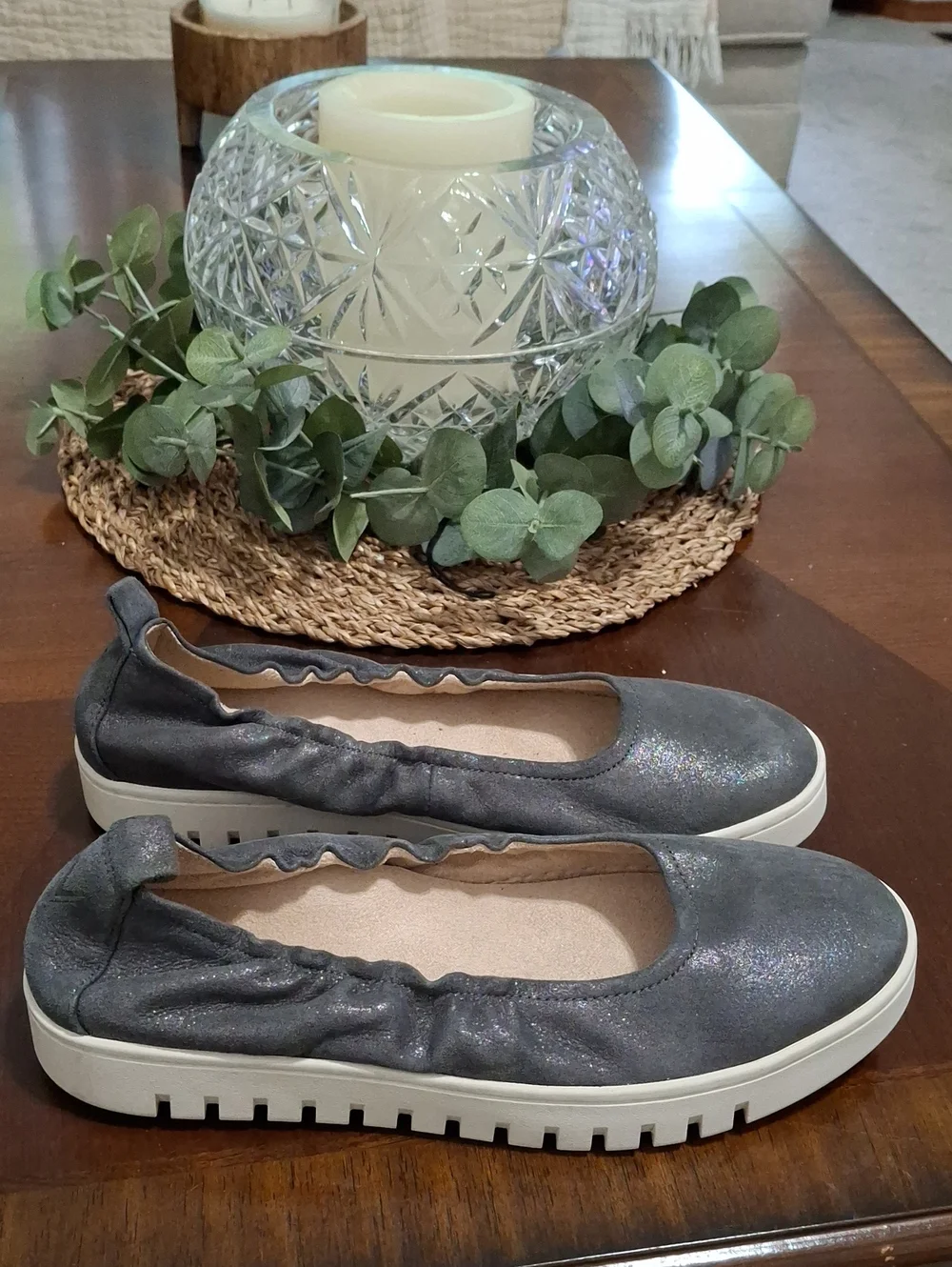Vionic Uptown Ballet Flat Slip On Loafer Sneaker Polluted Silver Leather Sz 9.5